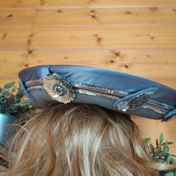 Vintage Deborah New York 70s Gray Satin Bow Wool Sequins Beaded Church Derby Hat
